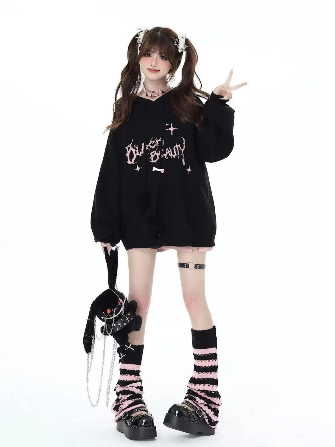 Autumn And Winter Black Pink Sweet Cool Leg Socks For Soft Girls