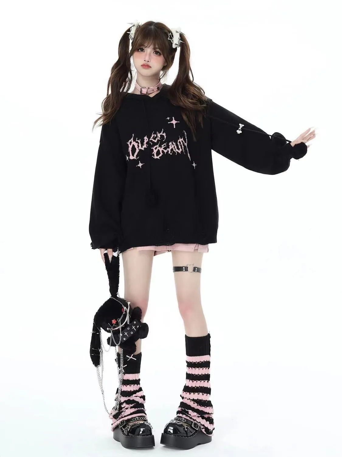 Autumn And Winter Black Pink Sweet Cool Leg Socks For Soft Girls