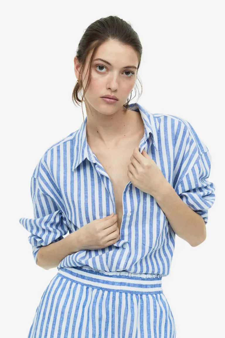 H&M Linen Blend Shirt, Blue/Striped