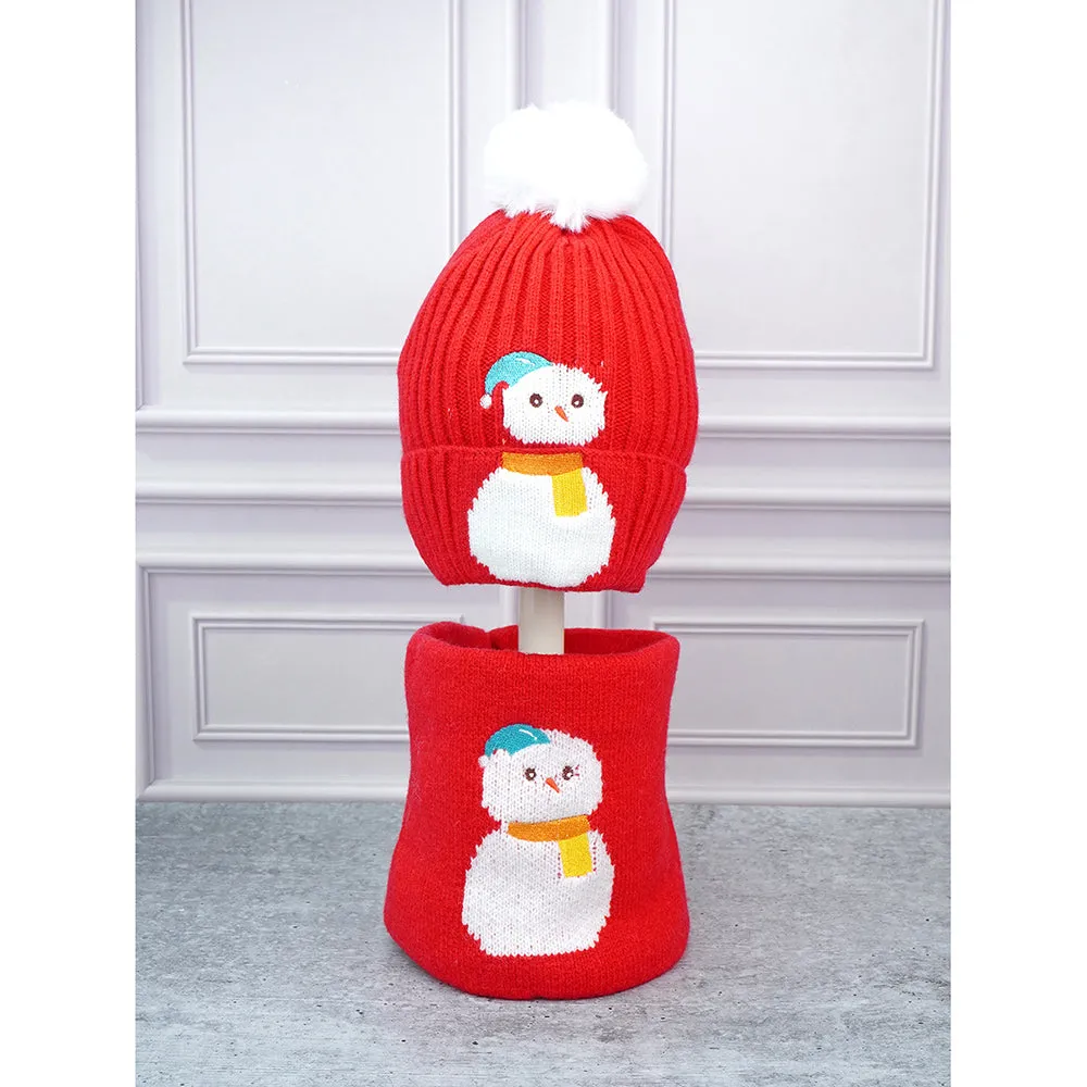 Little Surpise Box 2Pcs Red Snowman Themed Beanie Winter Cap With Matching Neck Cuff Style Muffler For Kids