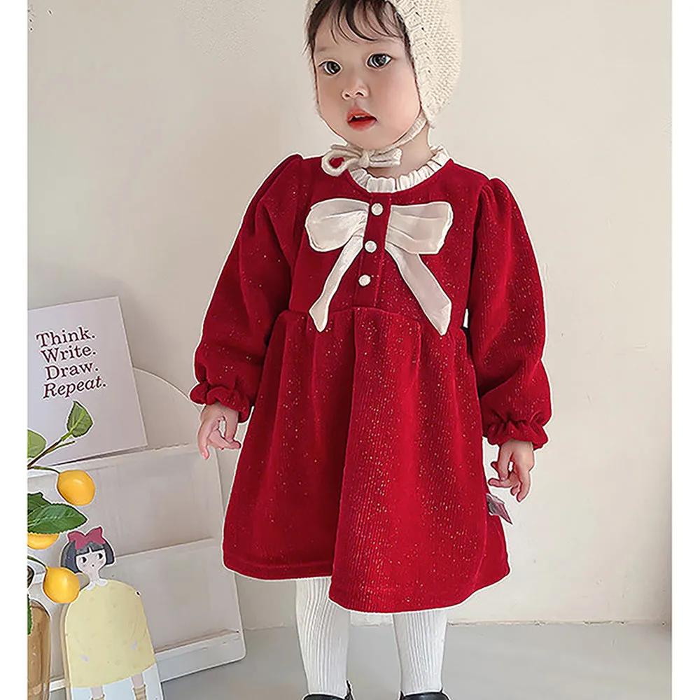Little Surprise Box Maroon & Cream Big Bow Ruffled Neck Knitted Frock Winterwear For Girls