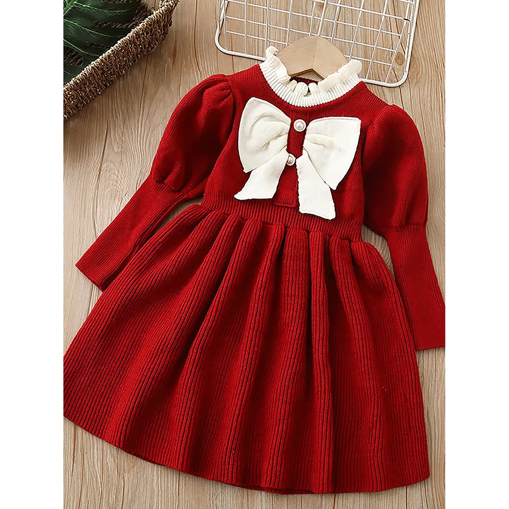 Little Surprise Box Maroon & Cream Big Bow Ruffled Neck Knitted Frock Winterwear For Girls