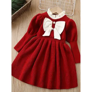 Little Surprise Box Maroon & Cream Big Bow Ruffled Neck Knitted Frock Winterwear For Girls