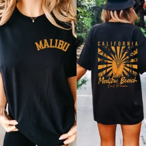 Malibu Beach Unisex Comfort Colors® T-shirt, Women's Distressed, Retro, Summer Vintage-Inspired T-Shirt, Black, Pepper or White, Front and Back