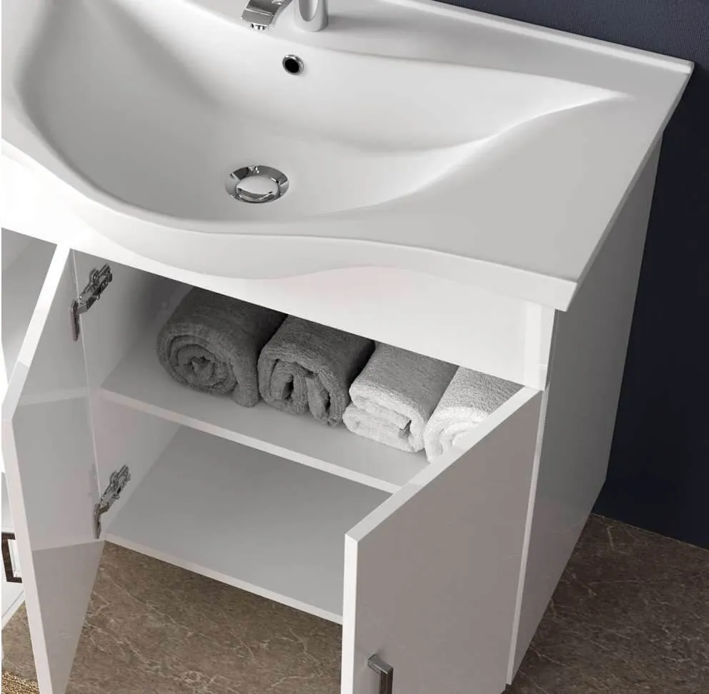 Mobile Bagno 60cm a Terra Con Due Ante, Specchio con Pensile e Lampada