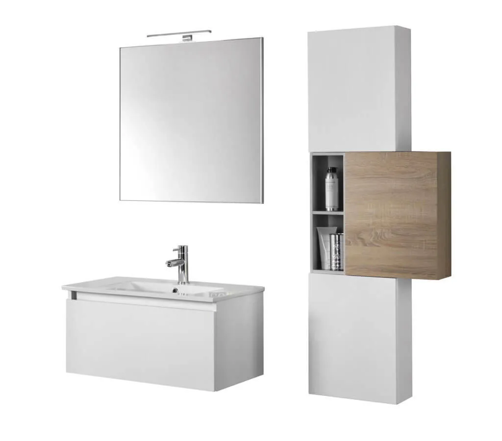 Mobile Bagno 70cm Sospeso Cassetto, Colonna Pensile, Vano a Giorno, Specchio E Lampada