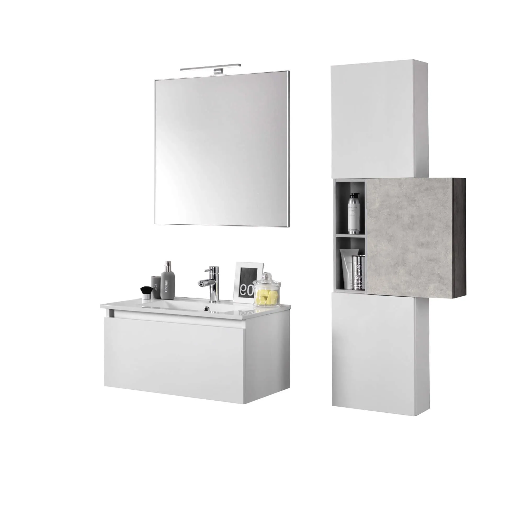 Mobile Bagno 70cm Sospeso Cassetto, Colonna Pensile, Vano a Giorno, Specchio E Lampada