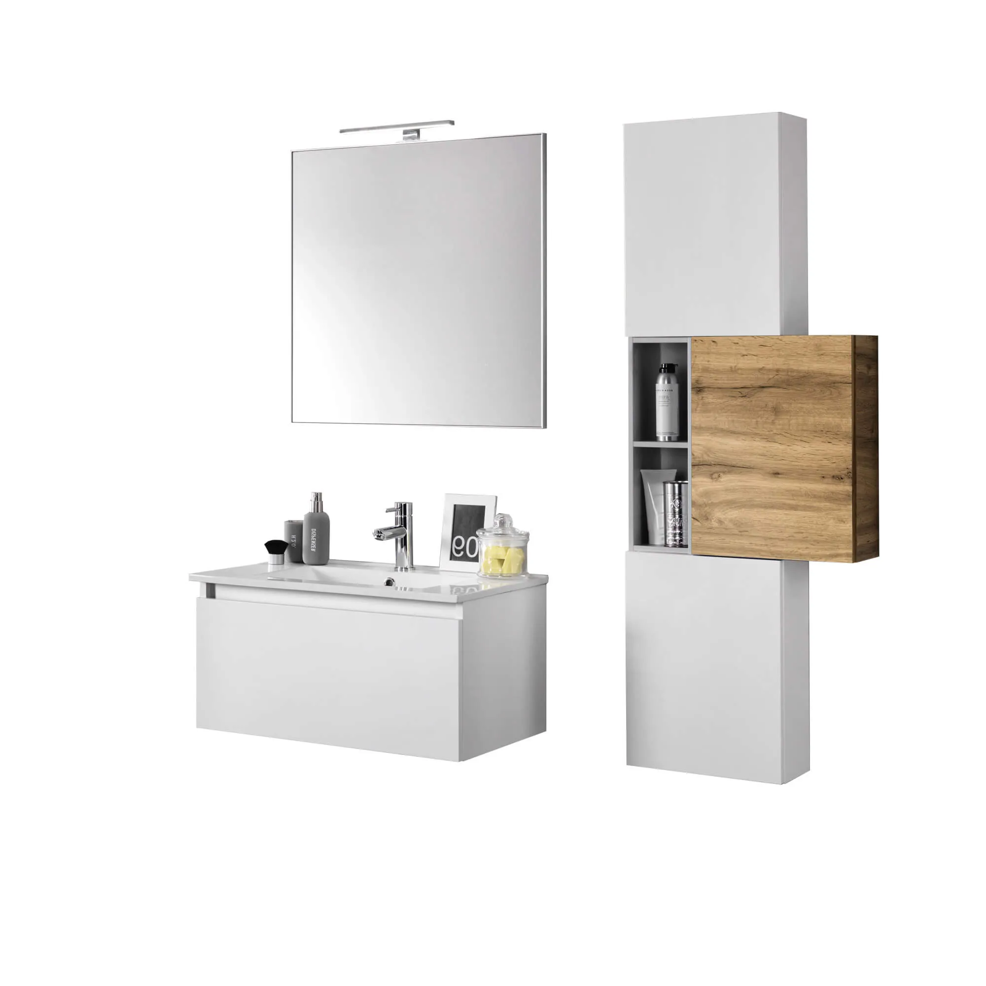 Mobile Bagno 70cm Sospeso Cassetto, Colonna Pensile, Vano a Giorno, Specchio E Lampada