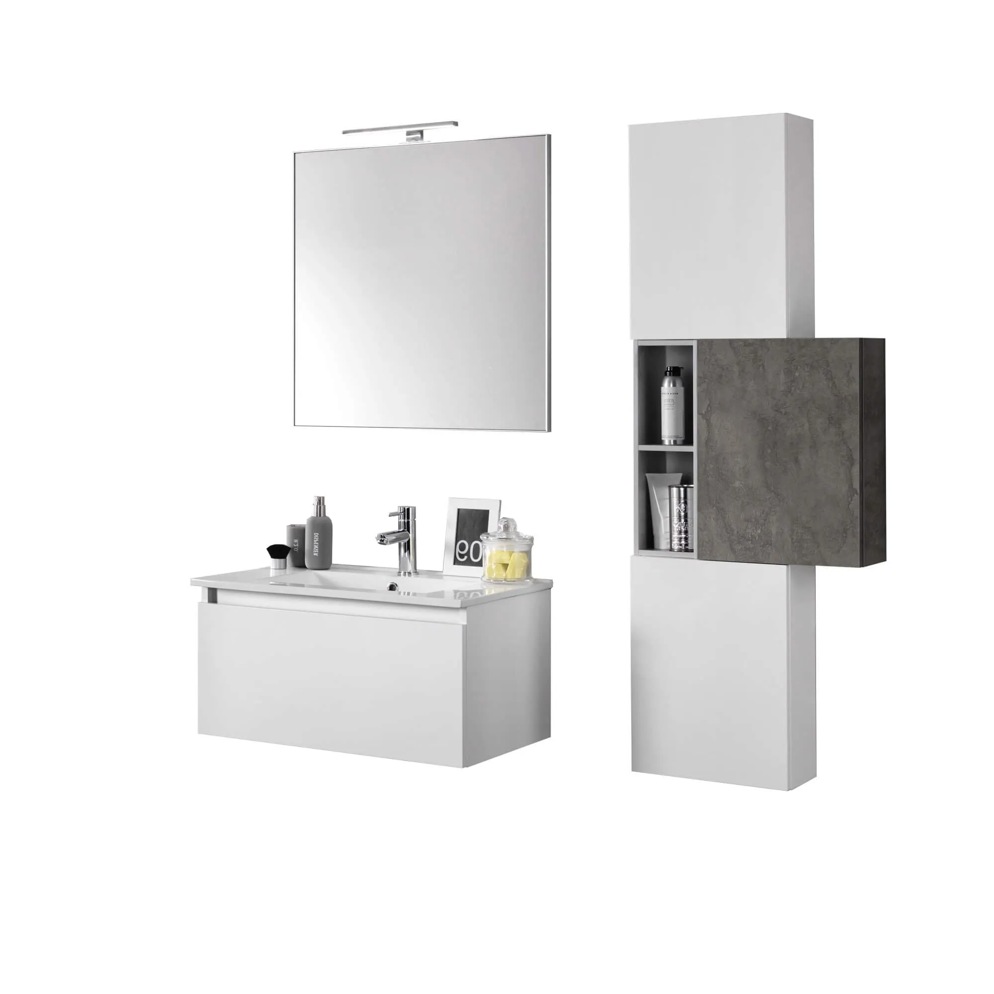 Mobile Bagno 70cm Sospeso Cassetto, Colonna Pensile, Vano a Giorno, Specchio E Lampada