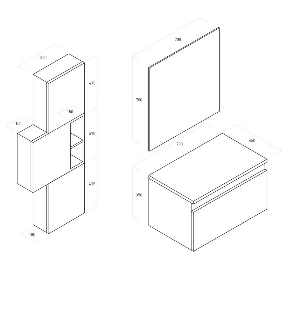 Mobile Bagno 70cm Sospeso Cassetto, Colonna Pensile, Vano a Giorno, Specchio E Lampada