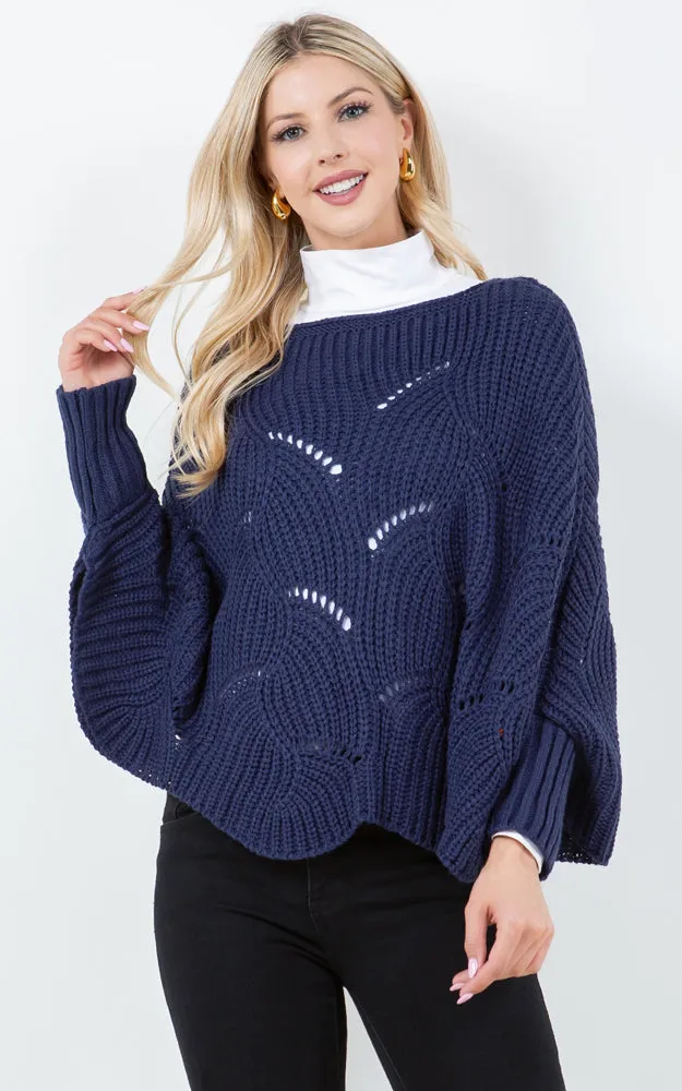 PA4271 SOLID COLOR KNIT PONCHO WITH SLEEVES