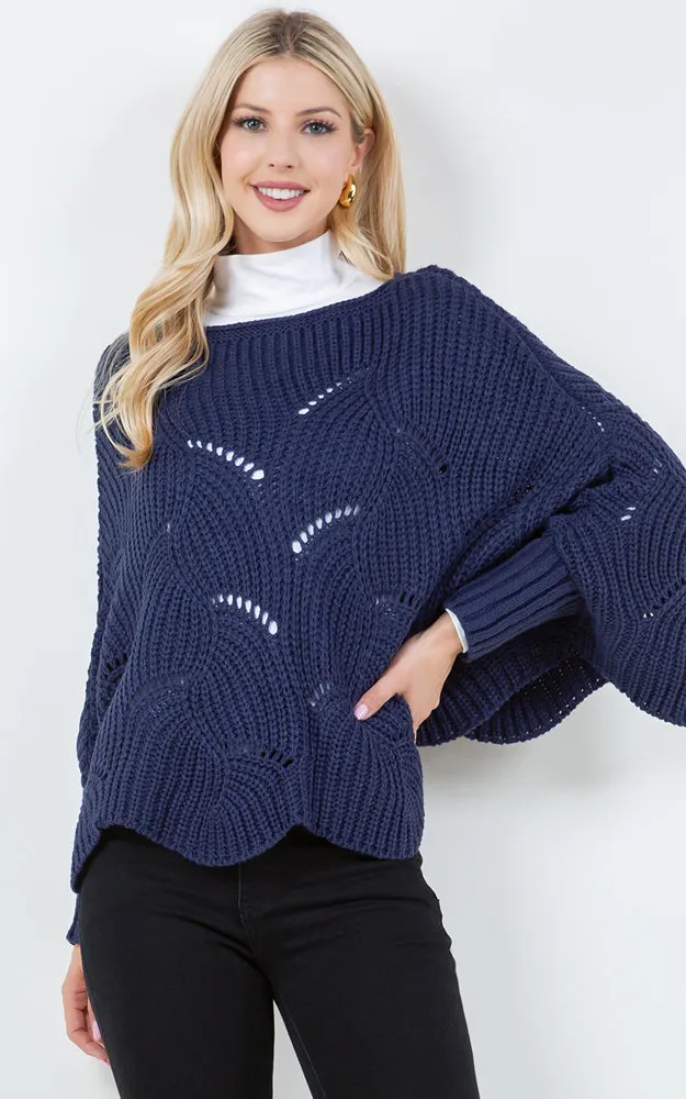 PA4271 SOLID COLOR KNIT PONCHO WITH SLEEVES