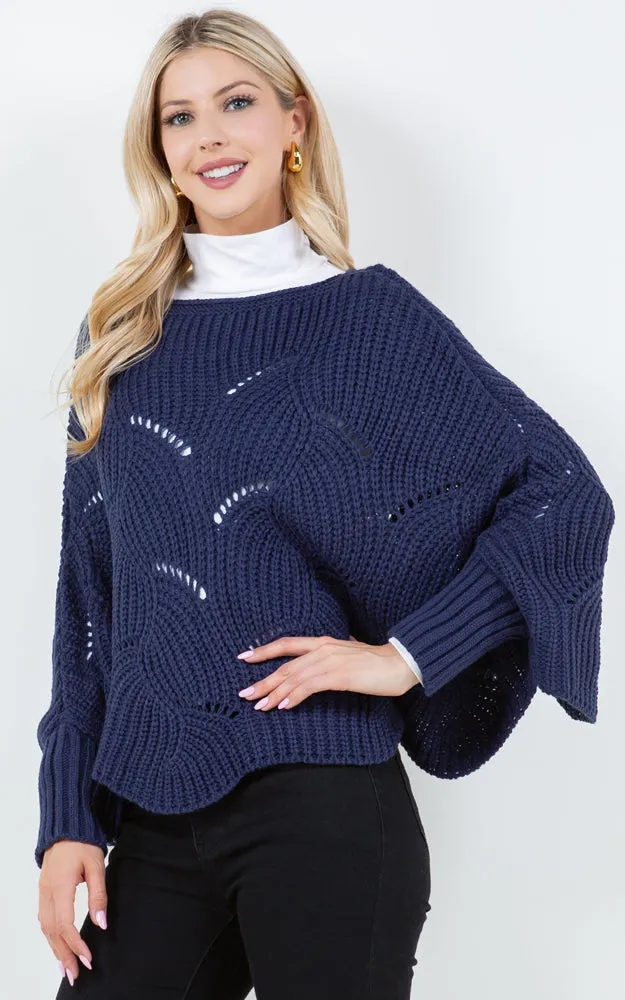 PA4271 SOLID COLOR KNIT PONCHO WITH SLEEVES