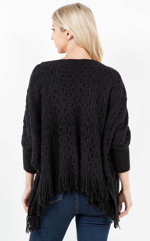 PA4312 SOLID COLOR FRINGES PONCHO WITH SLEEVES