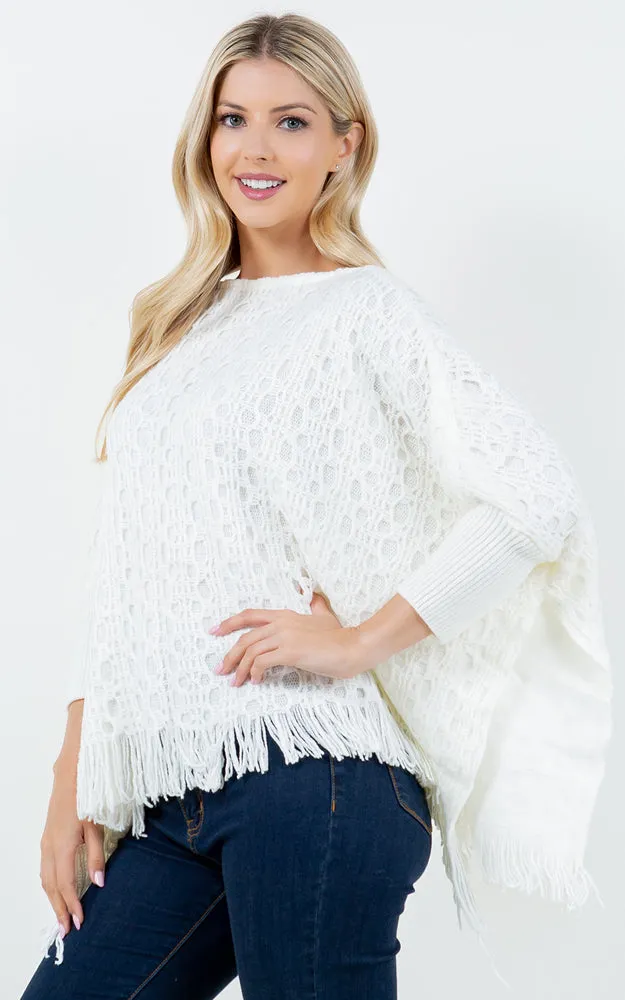 PA4312 SOLID COLOR FRINGES PONCHO WITH SLEEVES