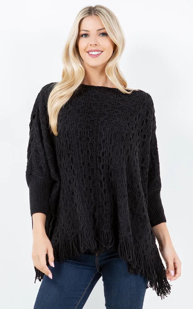 PA4312 SOLID COLOR FRINGES PONCHO WITH SLEEVES