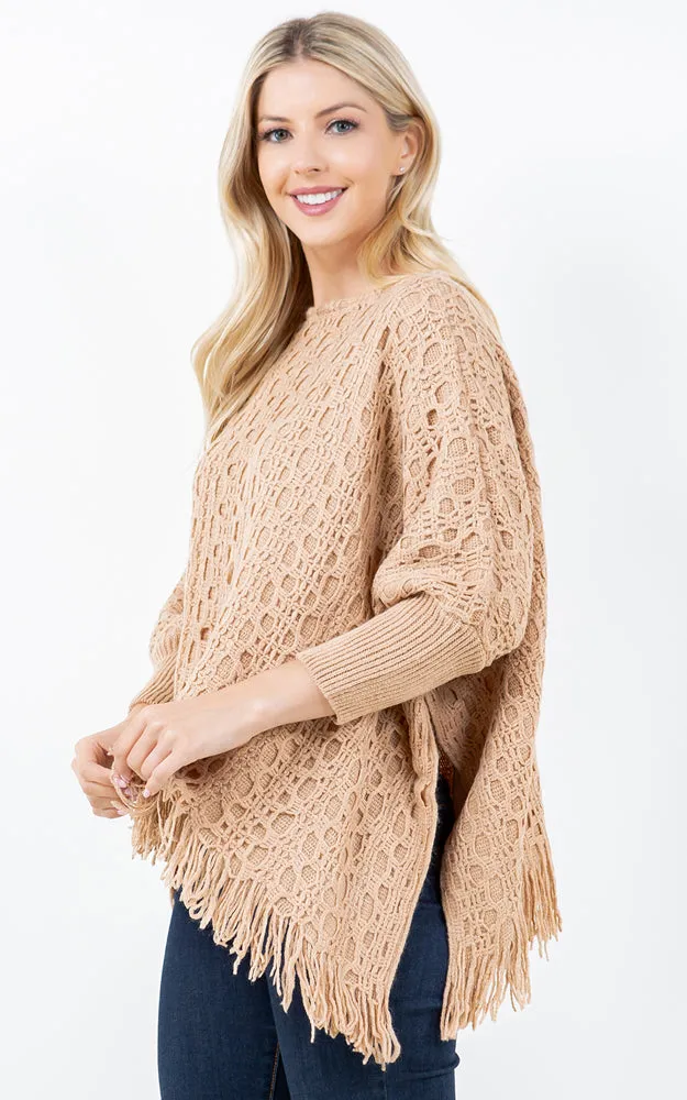 PA4312 SOLID COLOR FRINGES PONCHO WITH SLEEVES