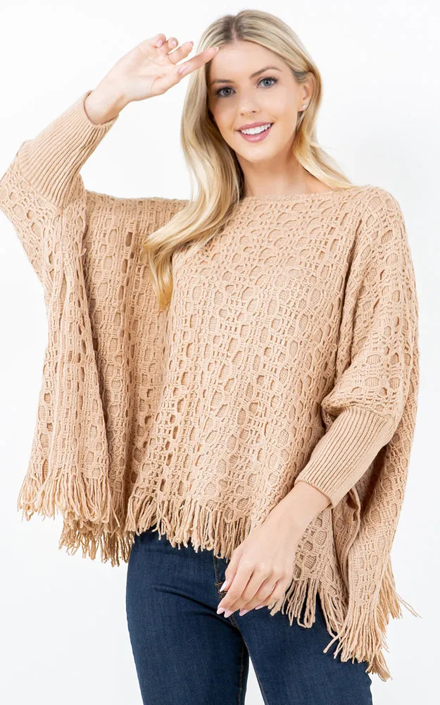 PA4312 SOLID COLOR FRINGES PONCHO WITH SLEEVES