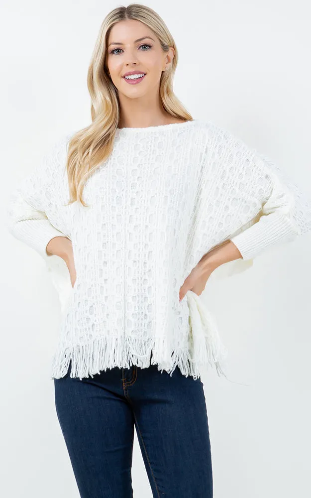 PA4312 SOLID COLOR FRINGES PONCHO WITH SLEEVES