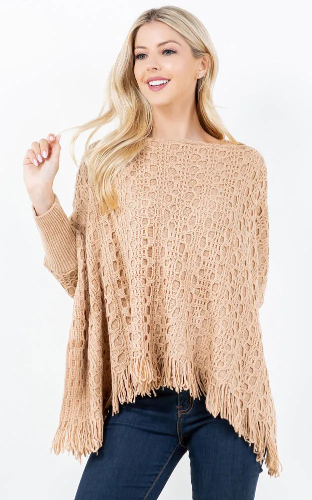 PA4312 SOLID COLOR FRINGES PONCHO WITH SLEEVES