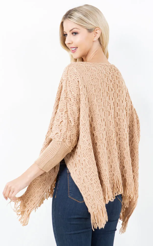 PA4312 SOLID COLOR FRINGES PONCHO WITH SLEEVES