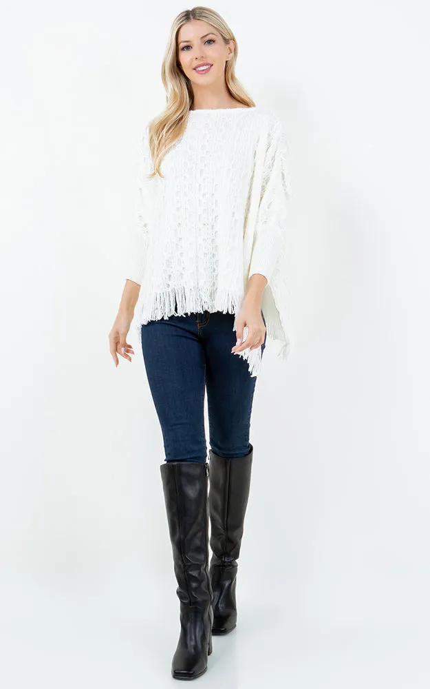 PA4312 SOLID COLOR FRINGES PONCHO WITH SLEEVES