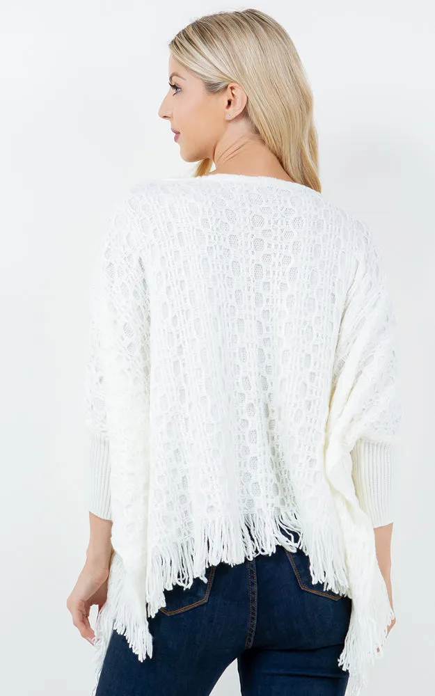 PA4312 SOLID COLOR FRINGES PONCHO WITH SLEEVES