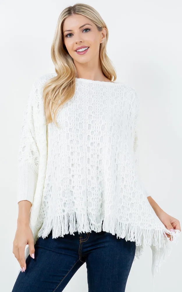 PA4312 SOLID COLOR FRINGES PONCHO WITH SLEEVES