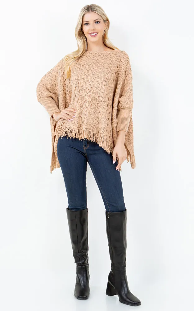 PA4312 SOLID COLOR FRINGES PONCHO WITH SLEEVES