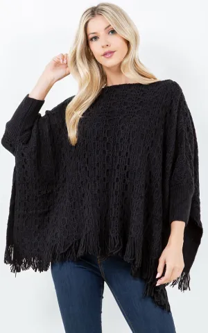 PA4312 SOLID COLOR FRINGES PONCHO WITH SLEEVES