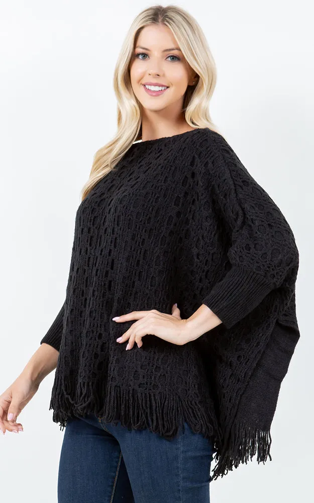 PA4312 SOLID COLOR FRINGES PONCHO WITH SLEEVES