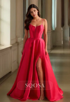 Scoop-Neck Spaghetti Straps Off-Shoulder Sleeveless Pleated Floor-Length Prom Dress with High Slit